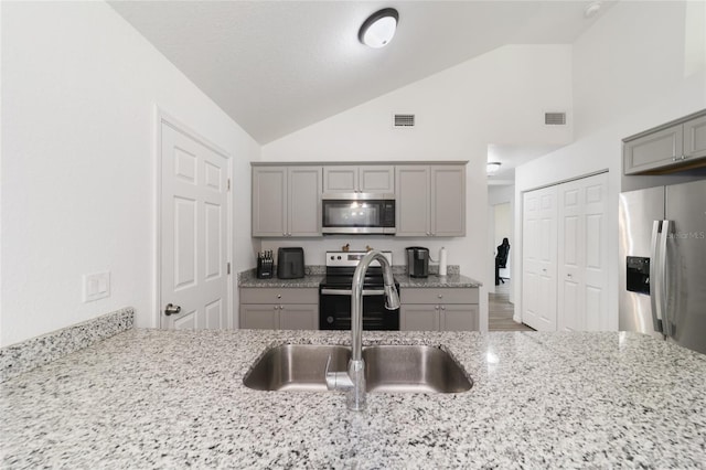 kitchen with appliances with stainless steel finishes, vaulted ceiling, light stone counters, and sink