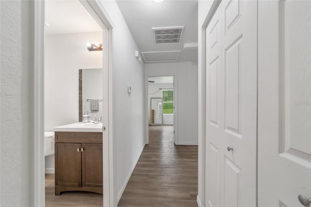 hallway featuring a textured ceiling, sink, and dark hardwood / wood-style floors