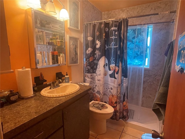 bathroom featuring vanity, tile patterned flooring, toilet, and a shower with shower curtain