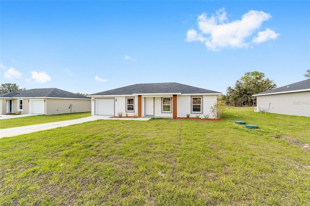 ranch-style house with a garage, stucco siding, concrete driveway, and a front yard