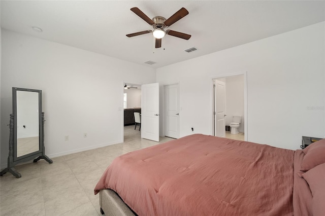 bedroom with connected bathroom and ceiling fan