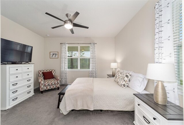 bedroom with dark carpet and ceiling fan