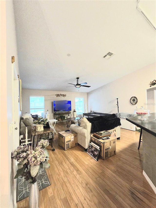 living room featuring wood-type flooring, vaulted ceiling, and ceiling fan