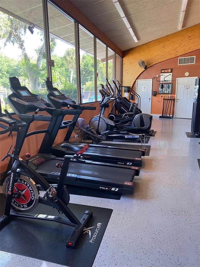 workout area with vaulted ceiling