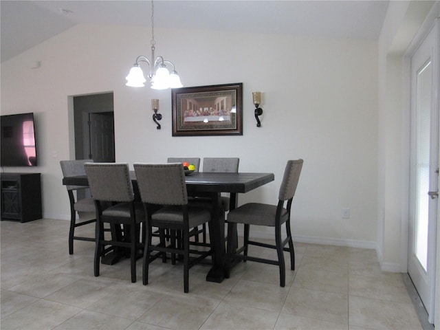 dining space with light tile patterned floors, vaulted ceiling, and a notable chandelier