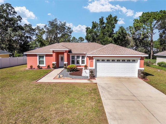 ranch-style house with a front lawn and a garage