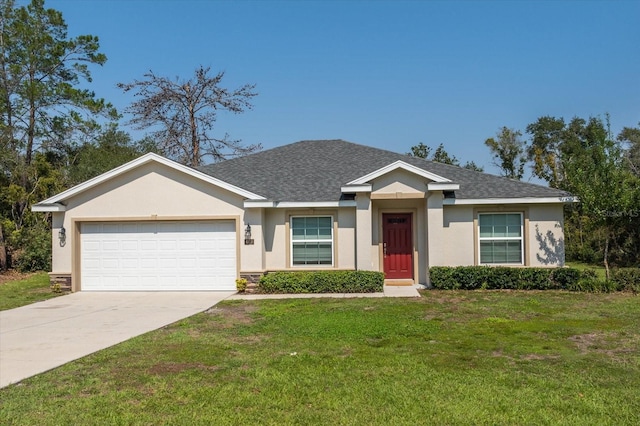 single story home featuring a front yard and a garage