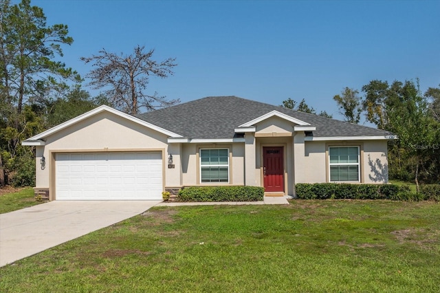 single story home with a front yard, driveway, an attached garage, and stucco siding