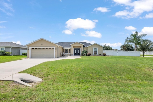 single story home with a garage and a front lawn