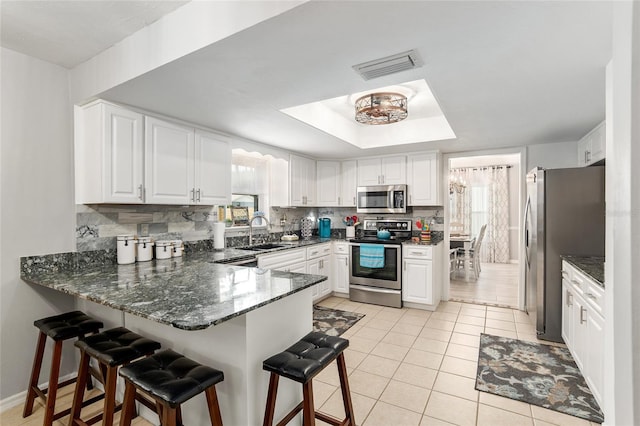 kitchen with white cabinets, sink, appliances with stainless steel finishes, and kitchen peninsula