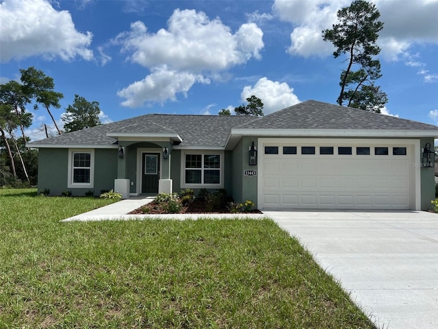 ranch-style house with driveway, stucco siding, a garage, and roof with shingles