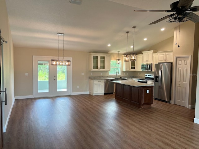 kitchen featuring ceiling fan, appliances with stainless steel finishes, a healthy amount of sunlight, and a center island