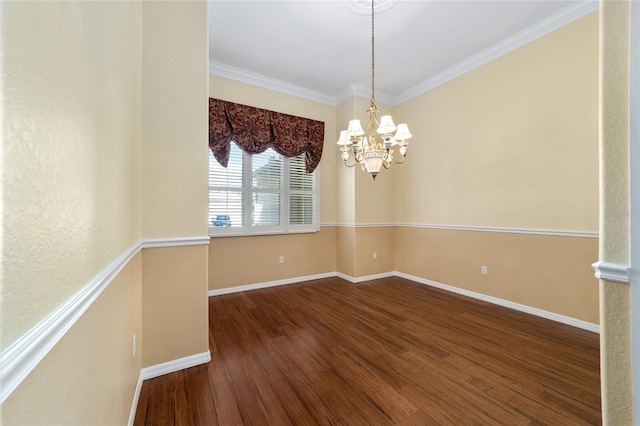 unfurnished room with hardwood / wood-style flooring, crown molding, and a notable chandelier