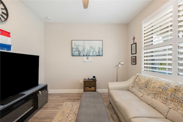 living room featuring ceiling fan and light hardwood / wood-style flooring