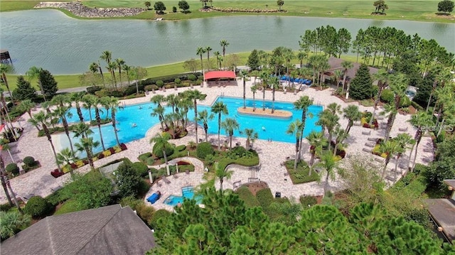 birds eye view of property featuring a water view