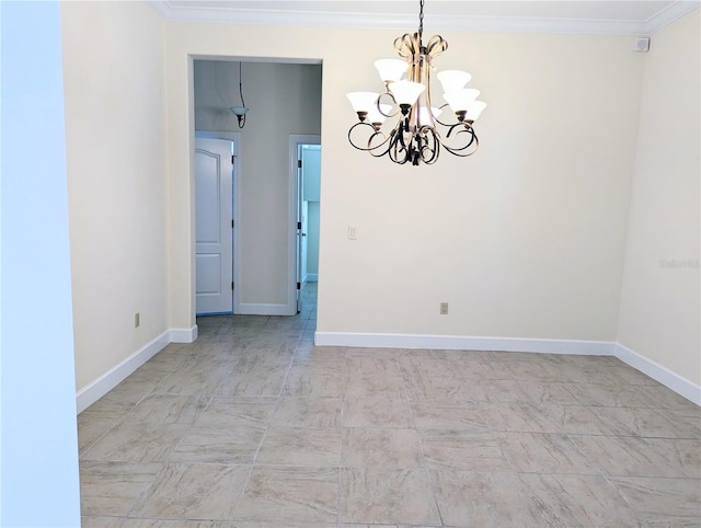 unfurnished room featuring an inviting chandelier and ornamental molding