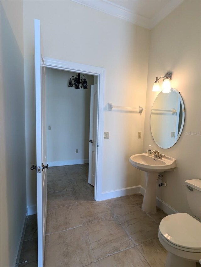 bathroom featuring crown molding and toilet