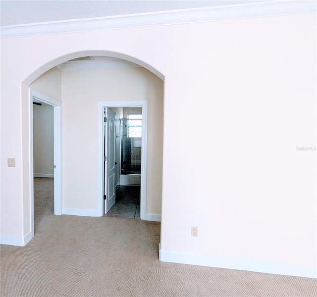 empty room featuring light colored carpet and crown molding