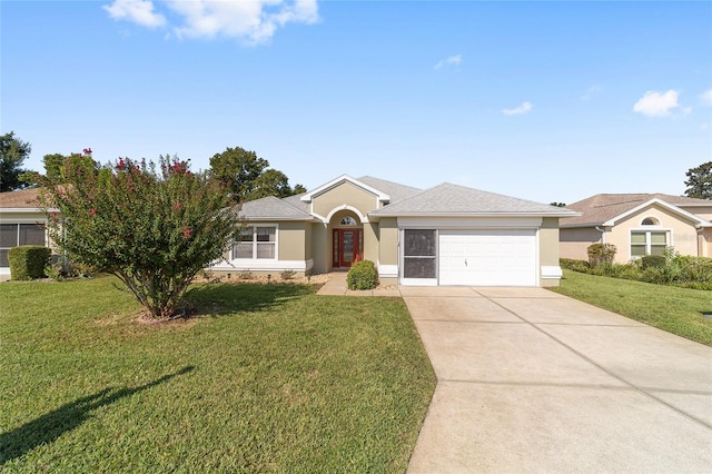 single story home featuring stucco siding, a shingled roof, a front yard, a garage, and driveway