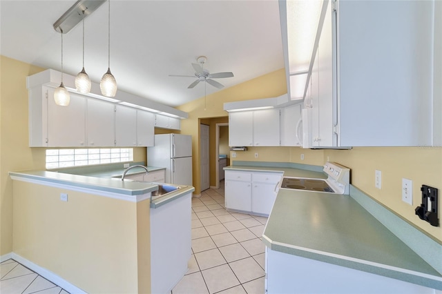 kitchen with ceiling fan, white cabinets, hanging light fixtures, kitchen peninsula, and white appliances