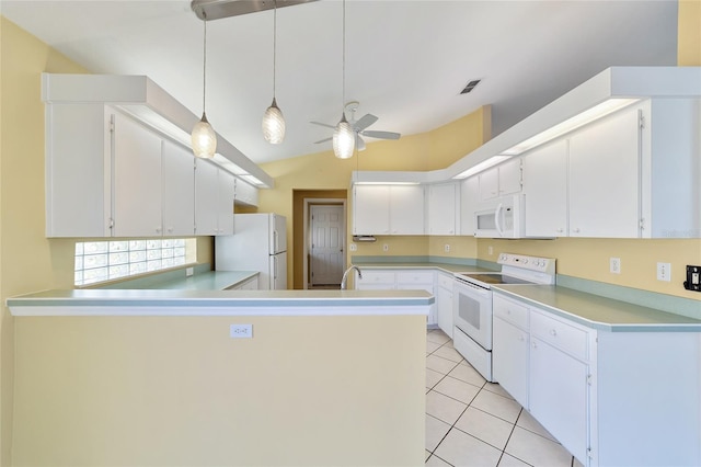 kitchen with pendant lighting, white cabinetry, white appliances, light tile patterned floors, and ceiling fan