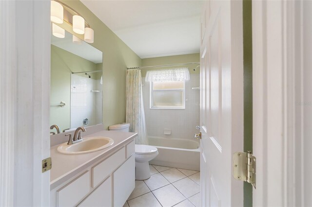 full bathroom with shower / bath combo, tile patterned flooring, vanity, and toilet