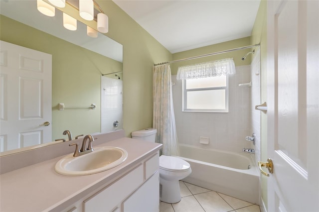 full bathroom featuring shower / tub combo with curtain, vanity, toilet, and tile patterned floors