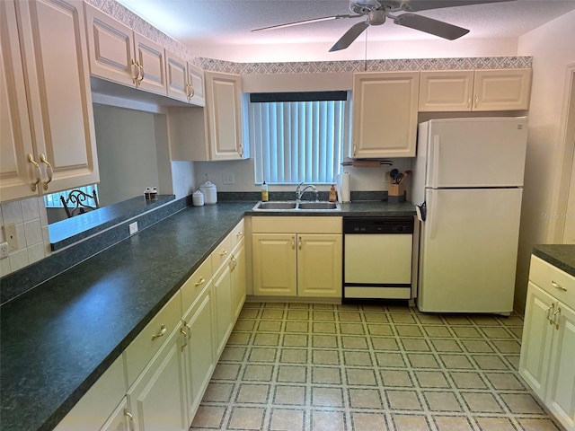 kitchen featuring a textured ceiling, sink, backsplash, white appliances, and ceiling fan