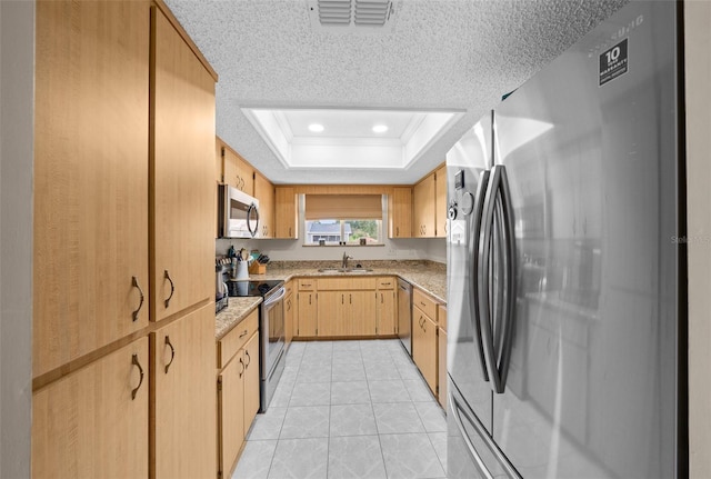 kitchen featuring sink, crown molding, a textured ceiling, a tray ceiling, and appliances with stainless steel finishes