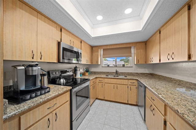 kitchen with appliances with stainless steel finishes, light stone countertops, a sink, a raised ceiling, and ornamental molding
