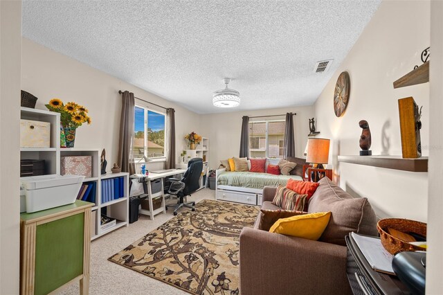 carpeted living area with a textured ceiling and visible vents