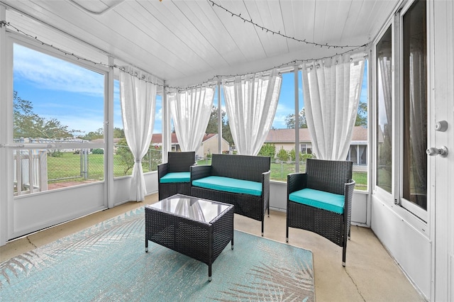 sunroom with wooden ceiling