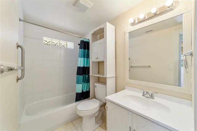 full bathroom with shower / tub combo with curtain, vanity, toilet, and tile patterned flooring