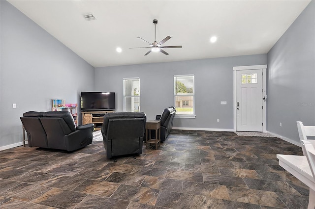 living room with lofted ceiling and ceiling fan