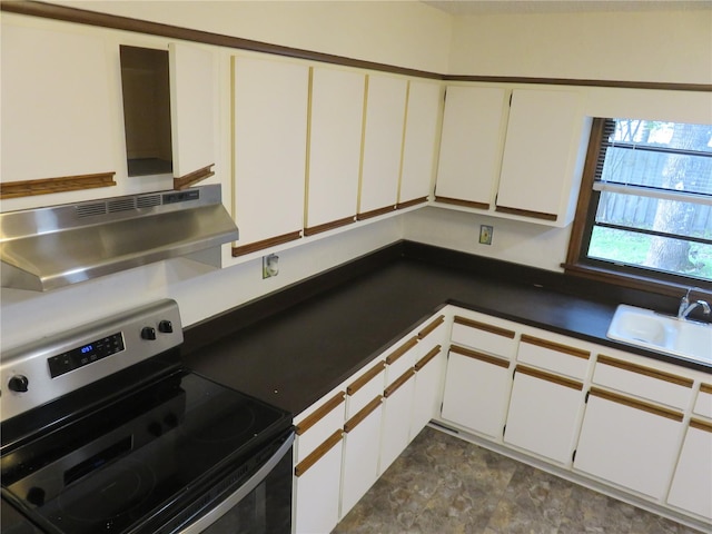 kitchen featuring white cabinets, sink, extractor fan, and stainless steel electric range