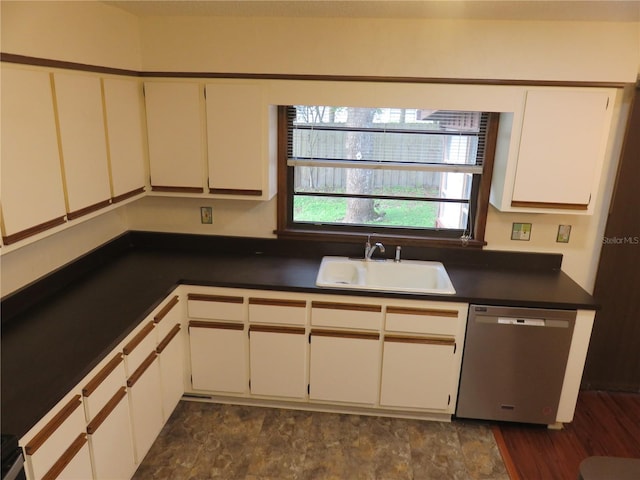 kitchen with white cabinets, sink, dark wood-type flooring, and stainless steel dishwasher