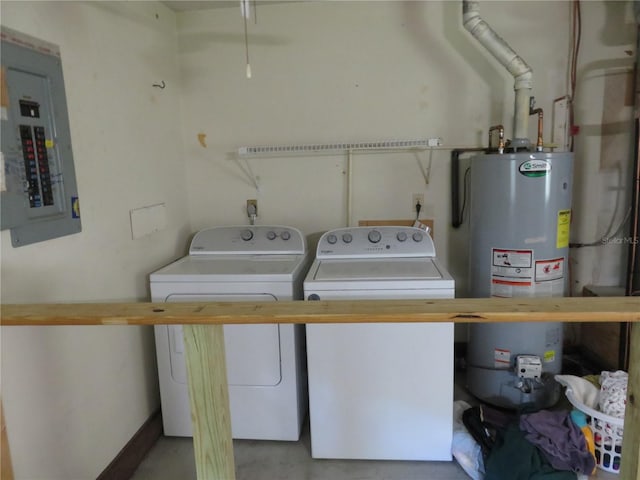 washroom featuring water heater, electric panel, and separate washer and dryer