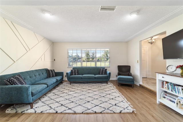 living room with a textured ceiling and wood-type flooring