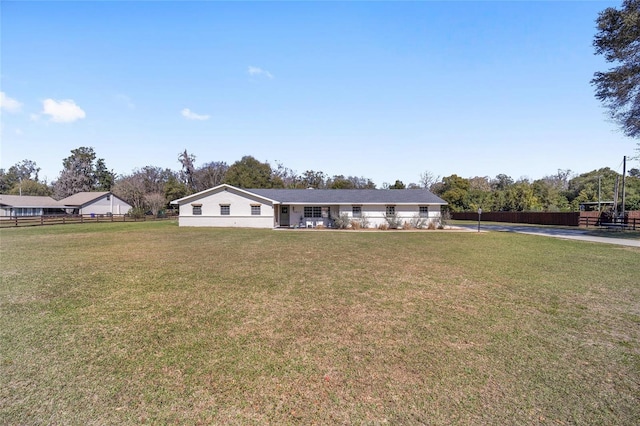 single story home with fence and a front lawn