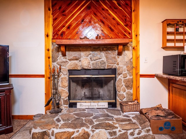 details featuring a stone fireplace