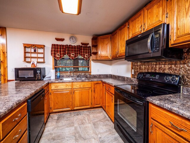24750 NE 177th Ter, Fort Mc Coy, FL 32134 - kitchen featuring black appliances, brown cabinets, open shelves, stone finish floors, and backsplash