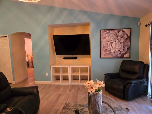 living room featuring light wood-type flooring and vaulted ceiling