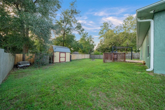 view of yard with a shed