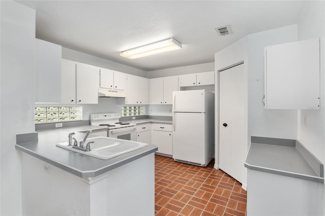 kitchen featuring white appliances, white cabinets, sink, and kitchen peninsula