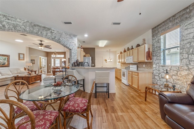 dining room featuring a wealth of natural light, ceiling fan with notable chandelier, and light hardwood / wood-style flooring