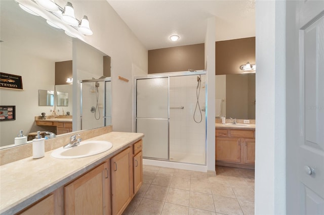 bathroom featuring tile patterned flooring, vanity, and a shower with door