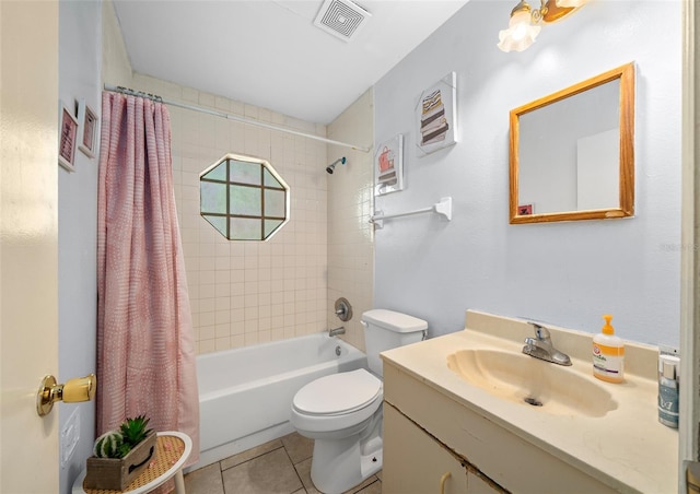 full bathroom with vanity, toilet, tile patterned floors, and shower / tub combo with curtain