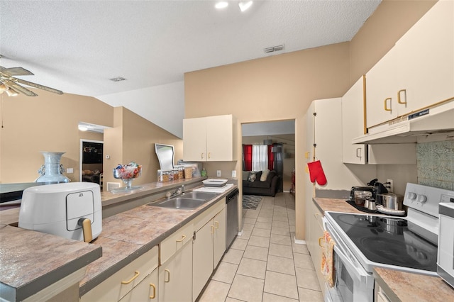 kitchen featuring sink, electric stove, a textured ceiling, stainless steel dishwasher, and light tile patterned floors