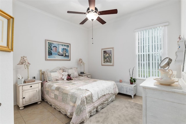 bedroom with ceiling fan, light tile patterned flooring, and crown molding