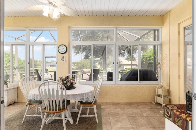 sunroom featuring ceiling fan, plenty of natural light, and wooden ceiling